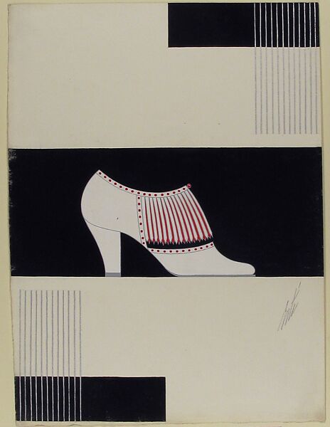 White High-Vamp Pump with Red and White Fringe for Delman's Shoes, New York, Erté (Romain de Tirtoff) (French (born Russia), St. Petersburg 1892–1990 Paris), Gouache and metallic paint