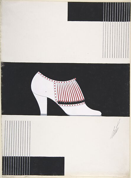 White High-Vamp Pump with Red and White Fringe for Delman's Shoes, New York, Erté (Romain de Tirtoff) (French (born Russia), St. Petersburg 1892–1990 Paris), Gouache 