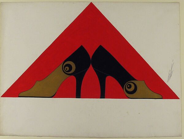 Pair of Black and Gold  Pumps with a Concentric Circle Detail for Delman's Shoes, New York, Erté (Romain de Tirtoff) (French (born Russia), St. Petersburg 1892–1990 Paris), Gouache and metallic paint