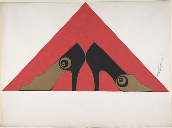 Pair of Black and Gold  Pumps with a Concentric Circle Detail for Delman's Shoes, New York, Erté (Romain de Tirtoff) (French (born Russia), St. Petersburg 1892–1990 Paris), Gouache 