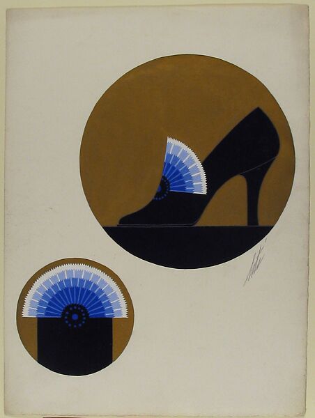 Black Pump with Blue Fan for Delman's Shoes, New York, Erté (Romain de Tirtoff) (French (born Russia), St. Petersburg 1892–1990 Paris), Gouache and metallic paint