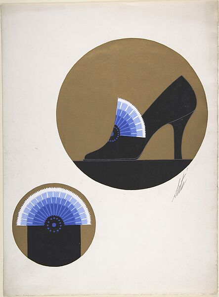Black Pump with Blue Fan for Delman's Shoes, New York, Erté (Romain de Tirtoff) (French (born Russia), St. Petersburg 1892–1990 Paris), Gouache 