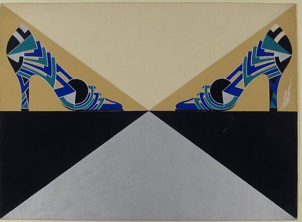 Blue, Green, Black and Silver Geometric-Patterned Pump for Delman's Shoes, New York, Erté (Romain de Tirtoff) (French (born Russia), St. Petersburg 1892–1990 Paris), Gouache and metallic paint