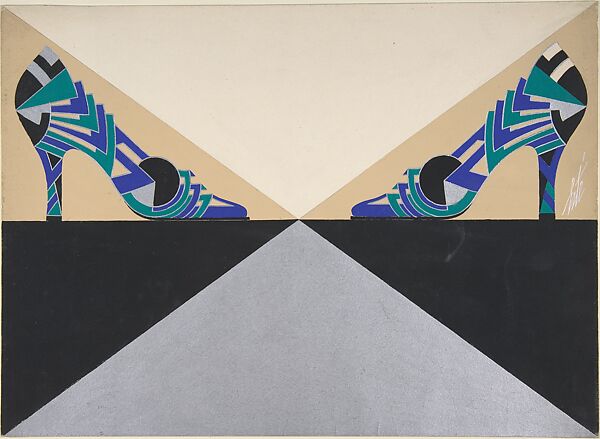 Blue, Green, Black and Silver Geometric-Patterned Pump for Delman's Shoes, New York, Erté (Romain de Tirtoff) (French (born Russia), St. Petersburg 1892–1990 Paris), Gouache 