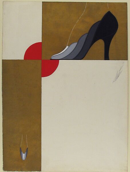 Panelled Pump with Ombre Effect from White to Black for Delman's Shoes, New York, Erté (Romain de Tirtoff) (French (born Russia), St. Petersburg 1892–1990 Paris), Gouache and metallic paint