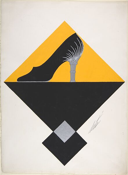 Black Pump with Silver-Fluted Heel and Beads for Delman's Shoes, New York, Erté (Romain de Tirtoff) (French (born Russia), St. Petersburg 1892–1990 Paris), Gouache 