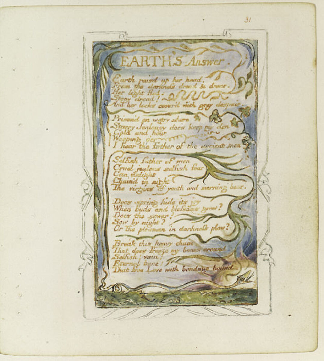 Songs of Experience: Earth's Answer, William Blake (British, London 1757–1827 London), Relief etching printed in orange-brown ink and hand-colored with watercolor and shell gold
