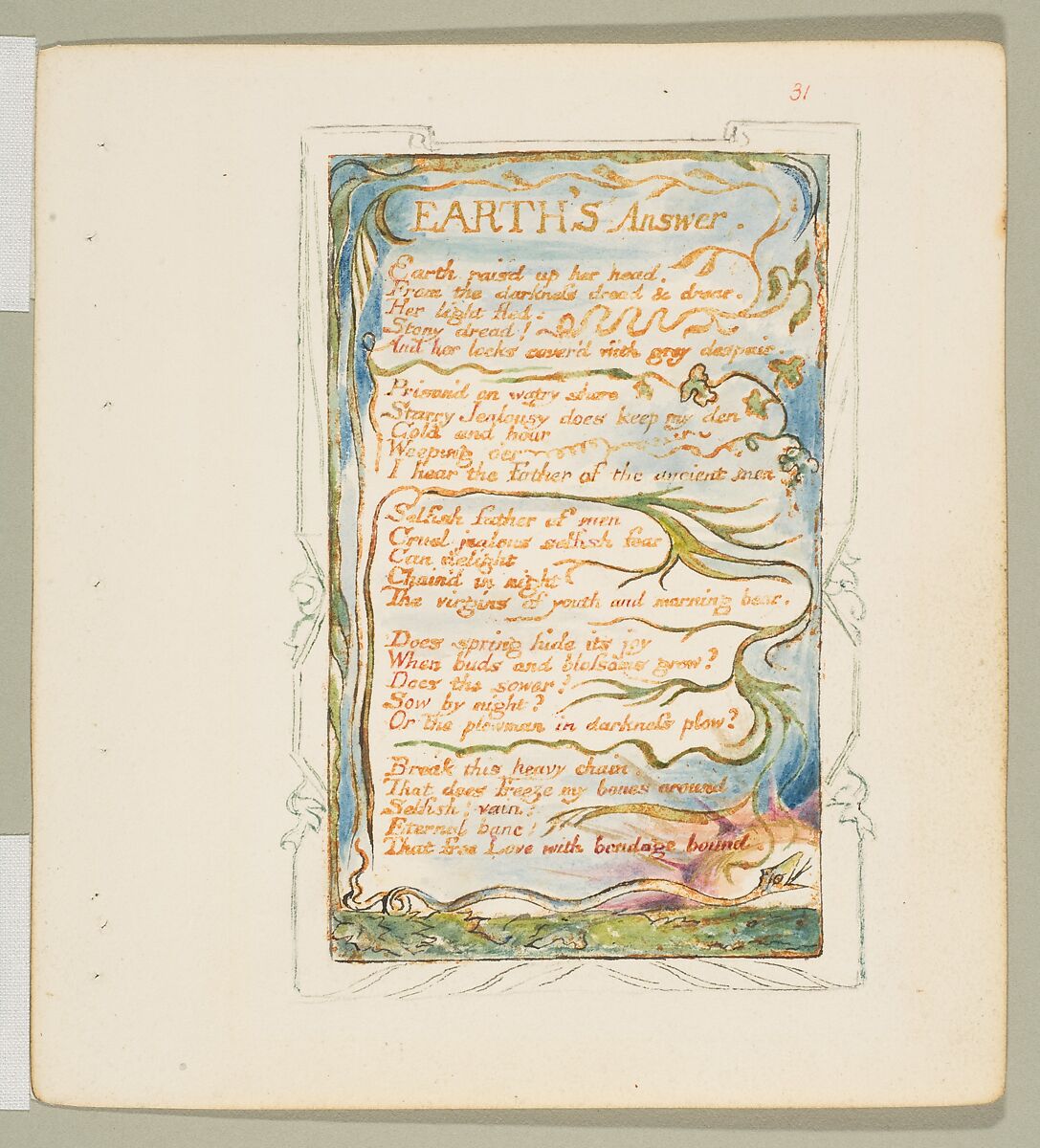 Songs of Experience: Earth's Answer, William Blake (British, London 1757–1827 London), Relief etching printed in orange-brown ink and hand-colored with watercolor and shell gold 
