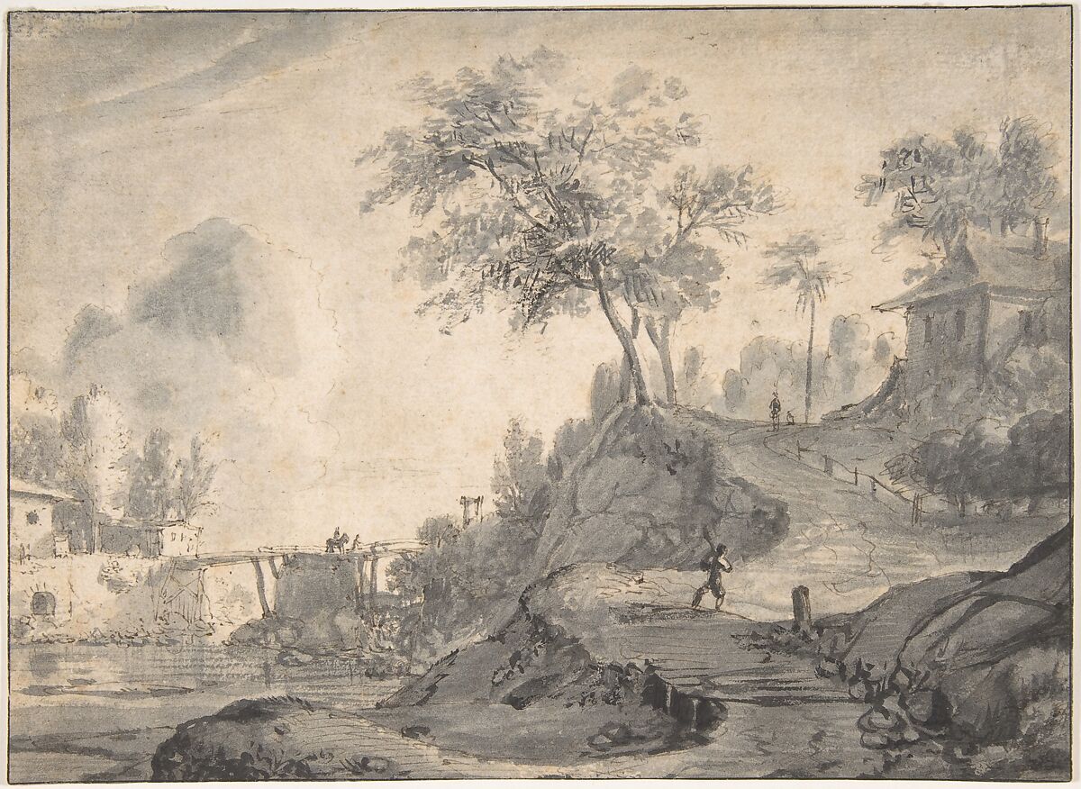 Landscape, Roelant Roghman (Dutch, Amsterdam 1627–1692 Amsterdam), Pen and brown ink, brush and gray wash on beige paper; framing lines in pen and black ink 