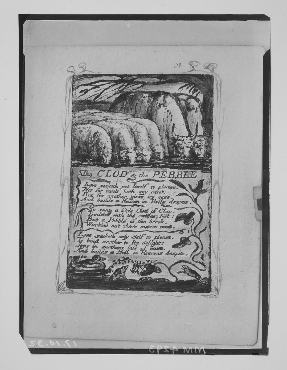 Songs of Experience: The Clod & the Pebble, William Blake (British, London 1757–1827 London), Relief etching printed in orange-brown ink and hand-colored with watercolor and shell gold