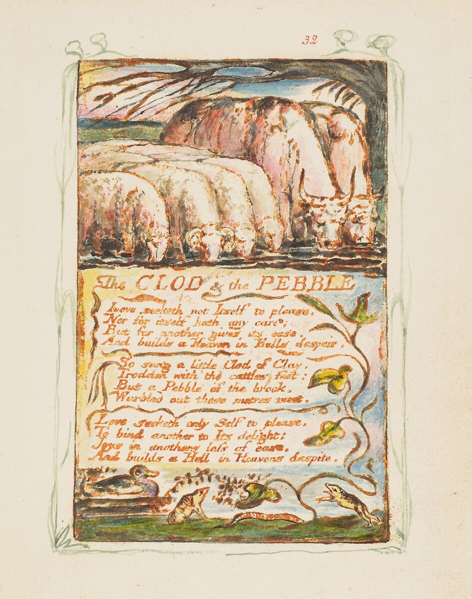 Songs of Experience: The Clod & the Pebble, William Blake (British, London 1757–1827 London), Relief etching printed in orange-brown ink and hand-colored with watercolor and shell gold 
