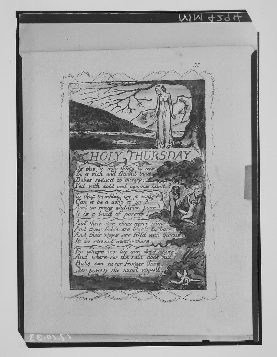 Songs of Experience: Holy Thursday, William Blake (British, London 1757–1827 London), Relief etching printed in orange-brown ink and hand-colored with watercolor and shell gold