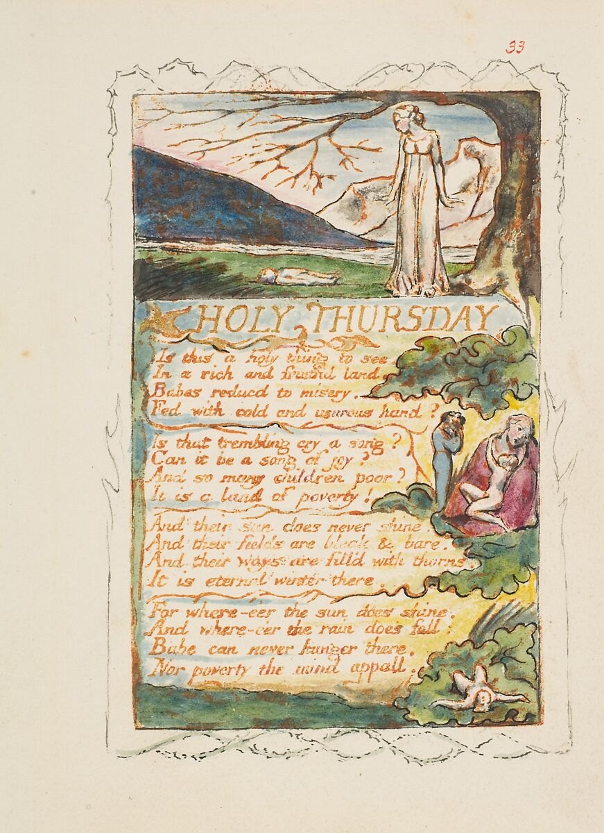 Songs of Experience: Holy Thursday, William Blake (British, London 1757–1827 London), Relief etching printed in orange-brown ink and hand-colored with watercolor and shell gold 