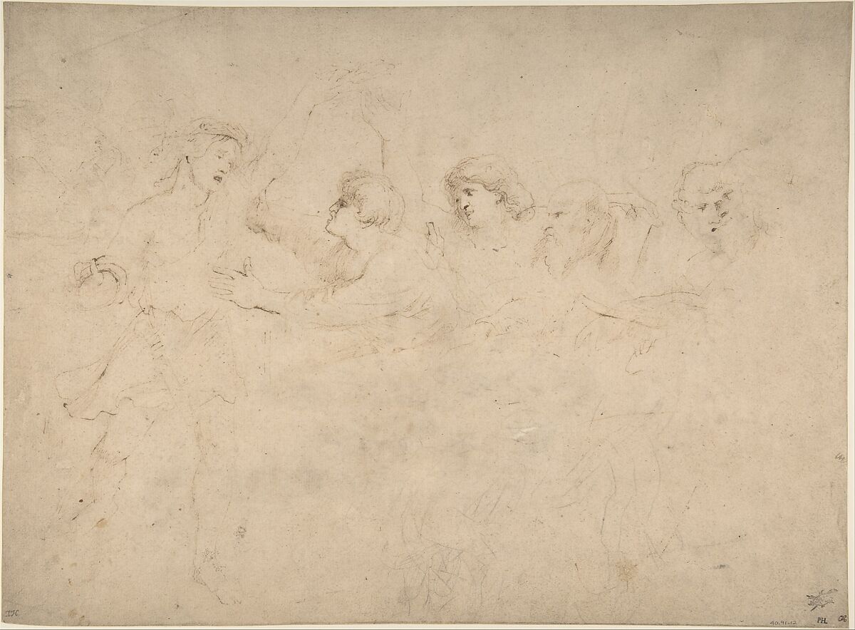 Alcibiades Interrupting the Symposium; verso: Sketches of the Baptism of Christ and of a Man, Peter Paul Rubens (Flemish, Siegen 1577–1640 Antwerp), Pen and brown ink, over black chalk 