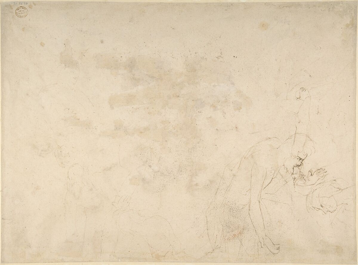 Alcibiades Interrupting the Symposium (recto); Sketches of the Baptism of Christ and of a Man (verso), Peter Paul Rubens (Flemish, Siegen 1577–1640 Antwerp), Pen and brown ink, over black chalk