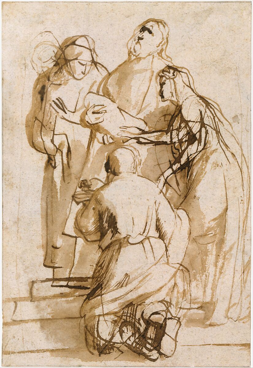 Presentation in the Temple, Peter Paul Rubens (Flemish, Siegen 1577–1640 Antwerp), Pen, brush and brown ink on pale tan paper; reverse, black chalk and brown ink