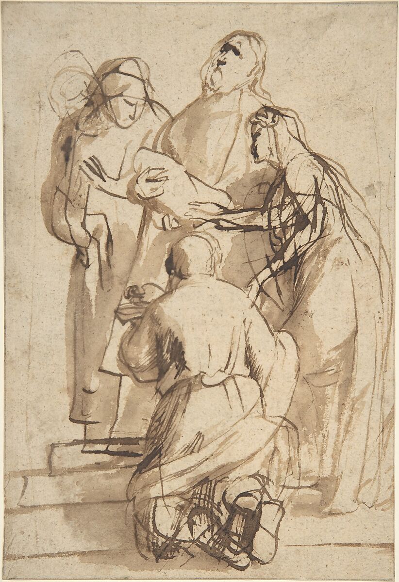 Presentation in the Temple, Peter Paul Rubens (Flemish, Siegen 1577–1640 Antwerp), Pen, brush and brown ink on pale tan paper; reverse, black chalk and brown ink 