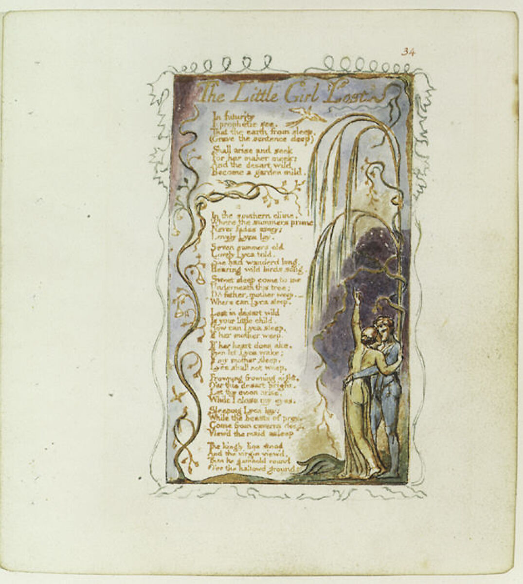 Songs of Experience: The Little Girl Lost, William Blake (British, London 1757–1827 London), Relief etching printed in orange-brown ink and hand-colored with watercolor and shell gold