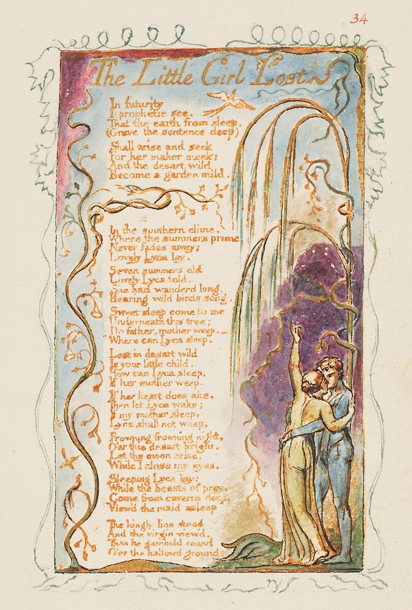 Songs of Experience: The Little Girl Lost, William Blake (British, London 1757–1827 London), Relief etching printed in orange-brown ink and hand-colored with watercolor and shell gold 