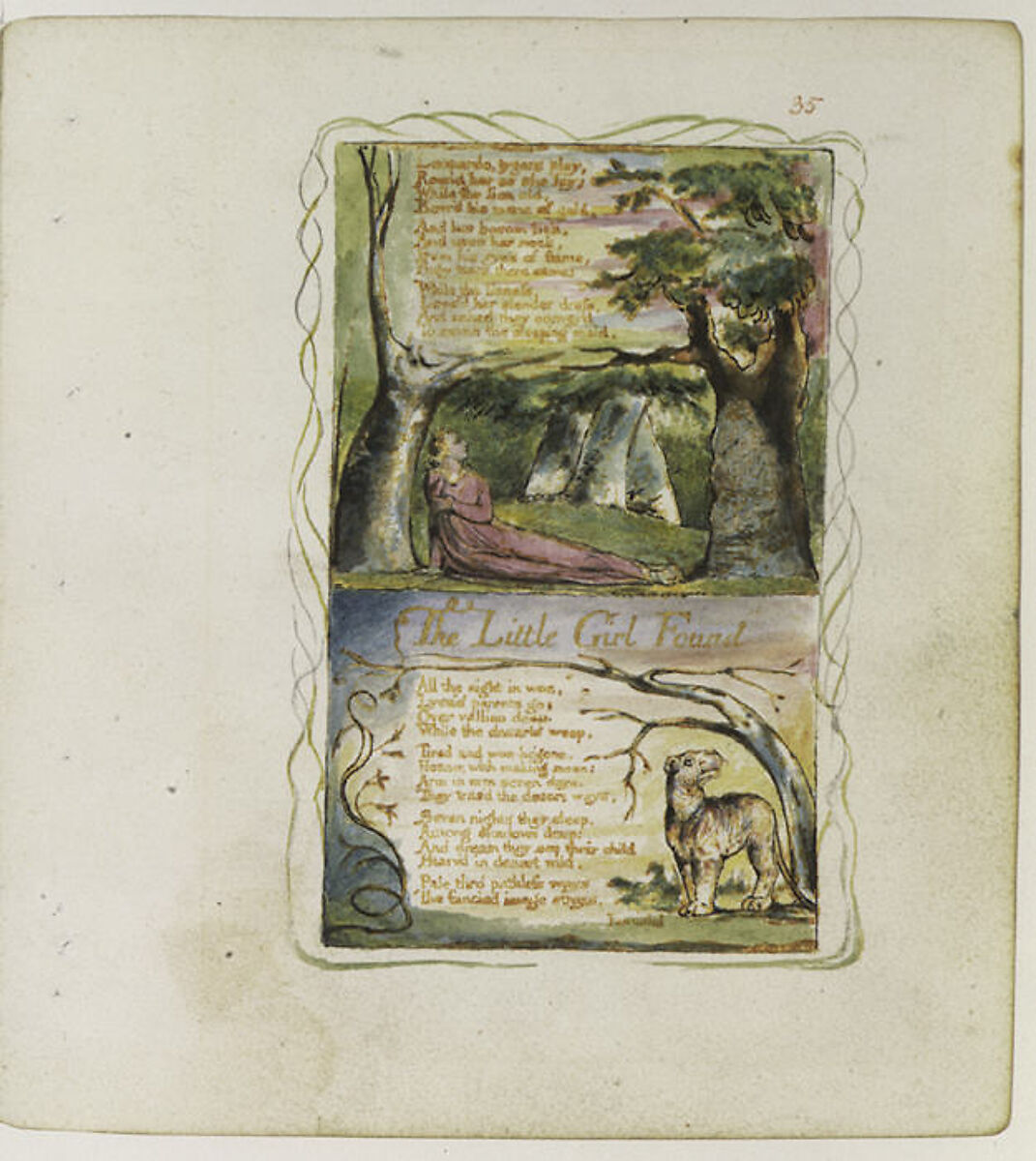Songs of Experience: The Little Girl Lost (second plate); The Little Girl Found, William Blake (British, London 1757–1827 London), Relief etching printed in orange-brown ink and hand-colored with watercolor and shell gold