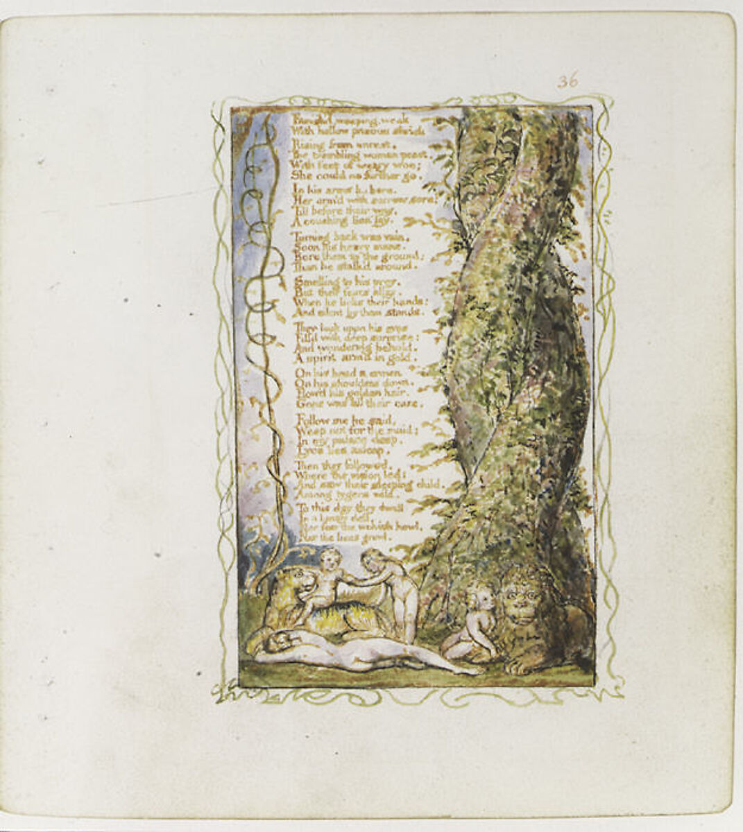 Songs of Experience: The Little Girl Found (second plate), William Blake (British, London 1757–1827 London), Relief etching printed in orange-brown ink and hand-colored with watercolor and shell gold