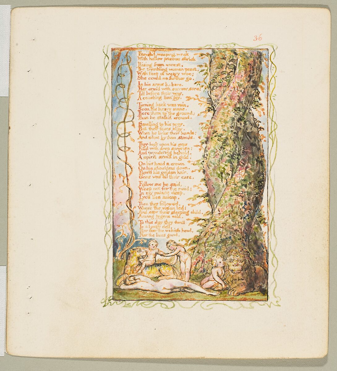 Songs of Experience: The Little Girl Found (second plate), William Blake (British, London 1757–1827 London), Relief etching printed in orange-brown ink and hand-colored with watercolor and shell gold 