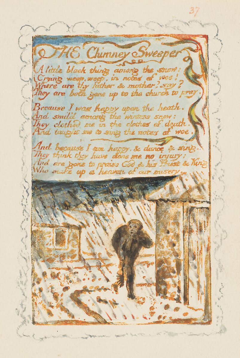 Songs of Experience: The Chimney Sweeper, William Blake (British, London 1757–1827 London), Relief etching printed in orange-brown ink and hand-colored with watercolor and shell gold 