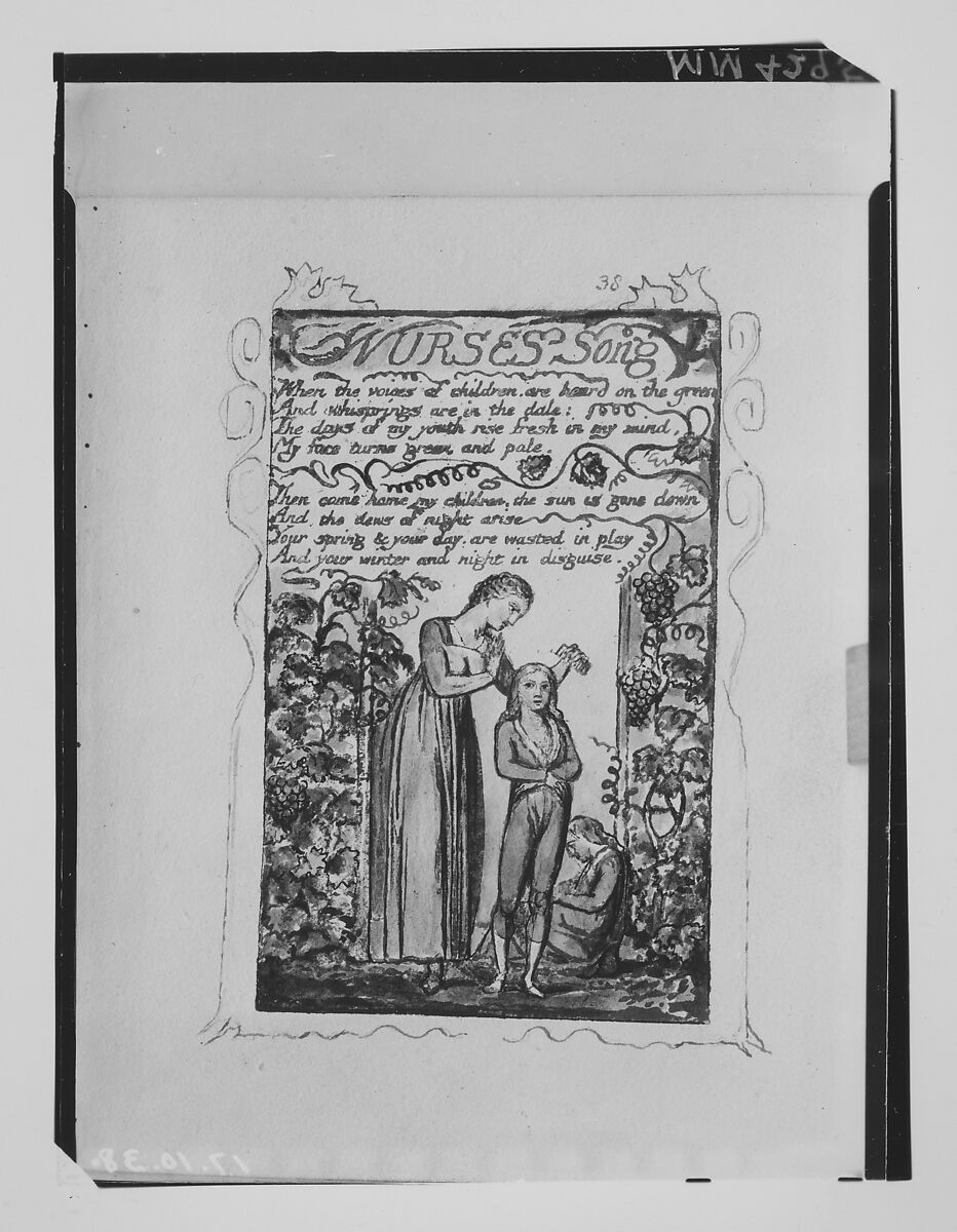 Songs of Experience: Nurses Song, William Blake (British, London 1757–1827 London), Relief etching printed in orange-brown ink and hand-colored with watercolor and shell gold