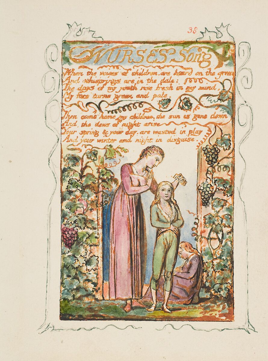 Songs of Experience: Nurses Song, William Blake (British, London 1757–1827 London), Relief etching printed in orange-brown ink and hand-colored with watercolor and shell gold 
