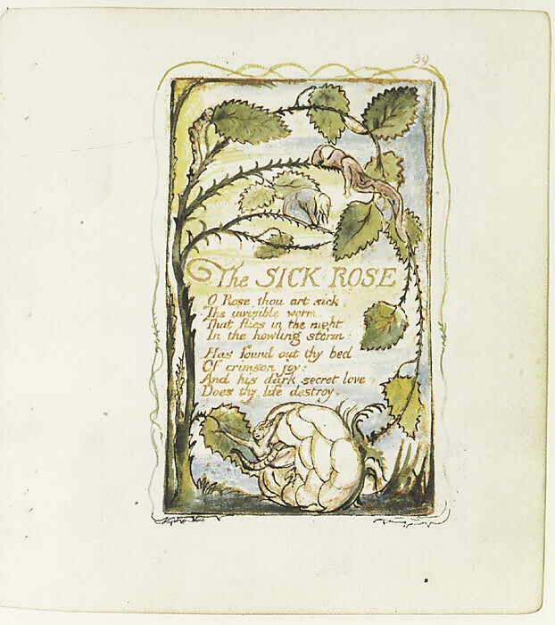 Songs of Experience: The Sick Rose, William Blake (British, London 1757–1827 London), Relief etching printed in orange-brown ink and hand-colored with watercolor and shell gold