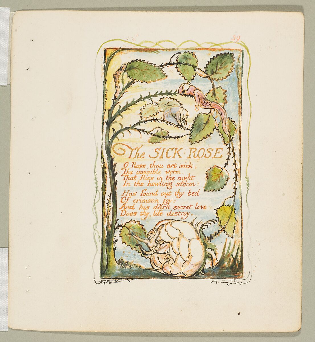 Songs of Experience: The Sick Rose, William Blake (British, London 1757–1827 London), Relief etching printed in orange-brown ink and hand-colored with watercolor and shell gold 