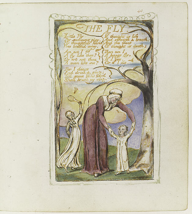 Songs of Experience: The Fly, William Blake (British, London 1757–1827 London), Relief etching printed in orange-brown ink and hand-colored with watercolor and shell gold