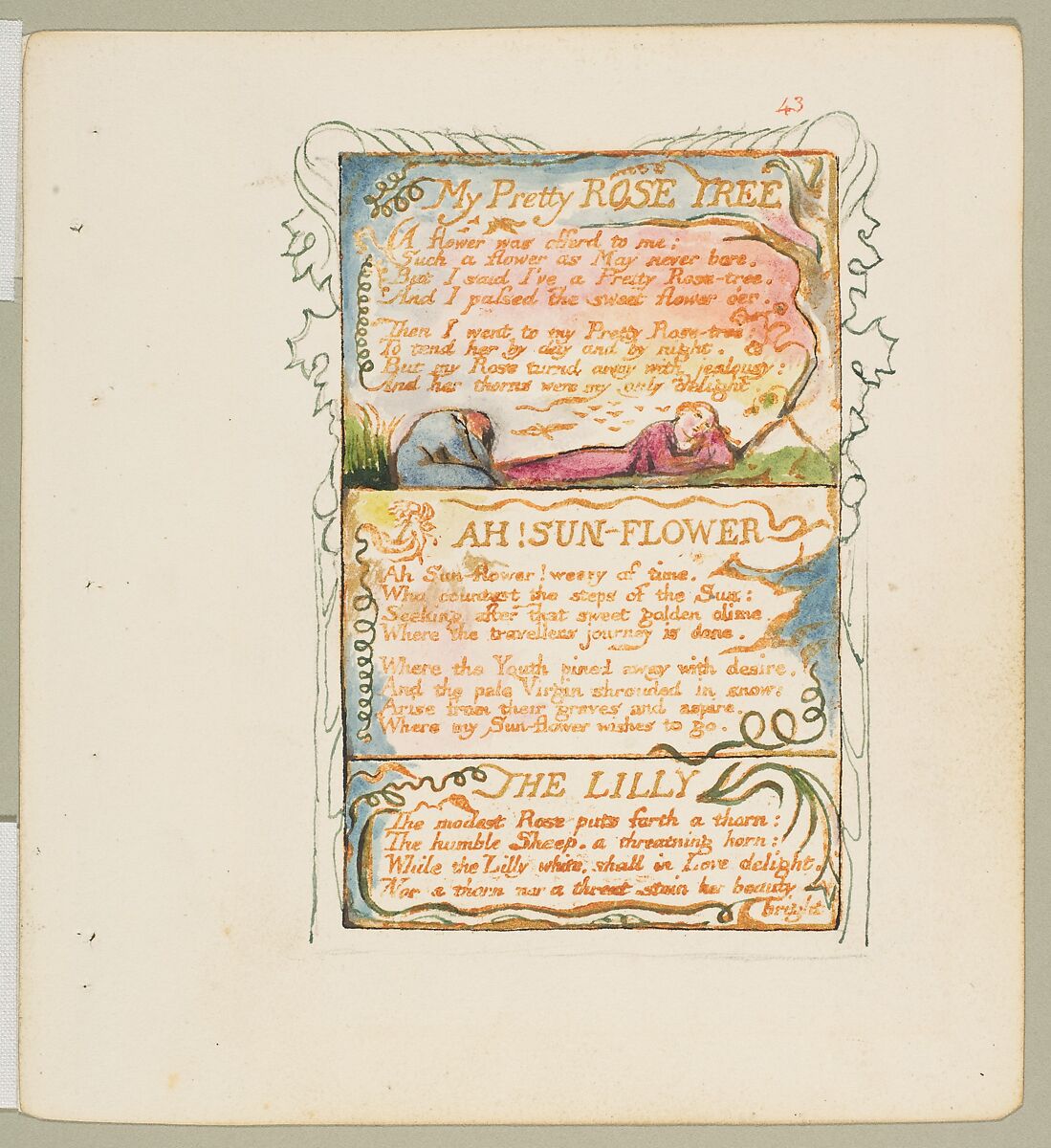 Songs of Experience: My Pretty Rose Tree, Ah! Sun-Flower, The Lilly, William Blake (British, London 1757–1827 London), Relief etching printed in orange-brown ink and hand-colored with watercolor and shell gold 