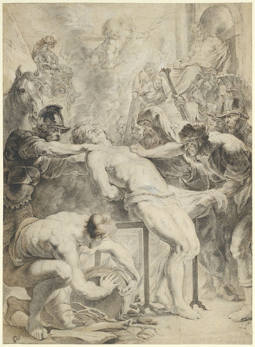 Martyrdom of Saint Lawrence, Workshop of Peter Paul Rubens (Flemish, Siegen 1577–1640 Antwerp), Black chalk, pen and brown ink, brush and brown wash, heightened with white; contours traced with stylus for transfer