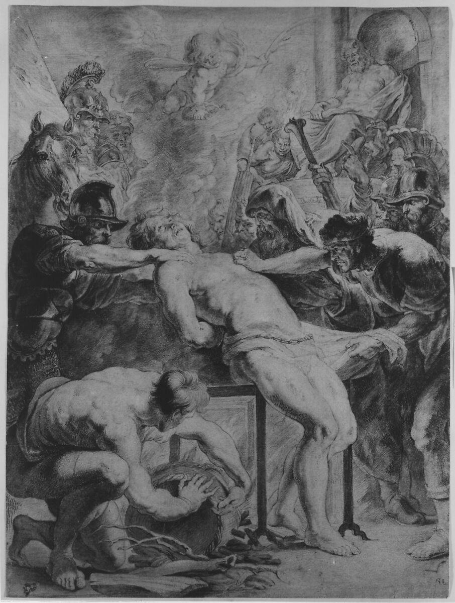 Martyrdom of Saint Lawrence, Workshop of Peter Paul Rubens (Flemish, Siegen 1577–1640 Antwerp), Black chalk, pen and brown ink, brush and brown wash, heightened with white; contours traced with stylus for transfer