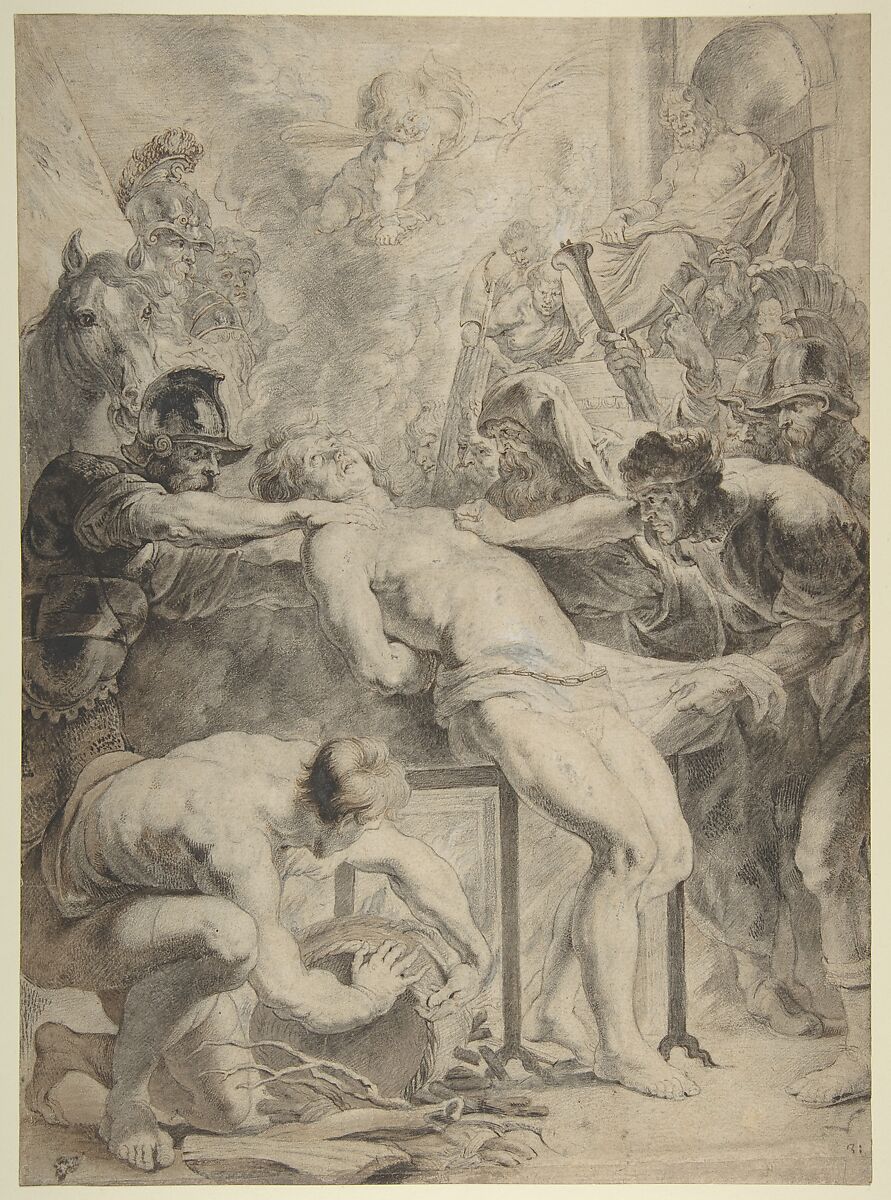 Martyrdom of Saint Lawrence, Workshop of Peter Paul Rubens (Flemish, Siegen 1577–1640 Antwerp), Black chalk, pen and brown ink, brown wash, heightened with white; contours traced with stylus for transfer 