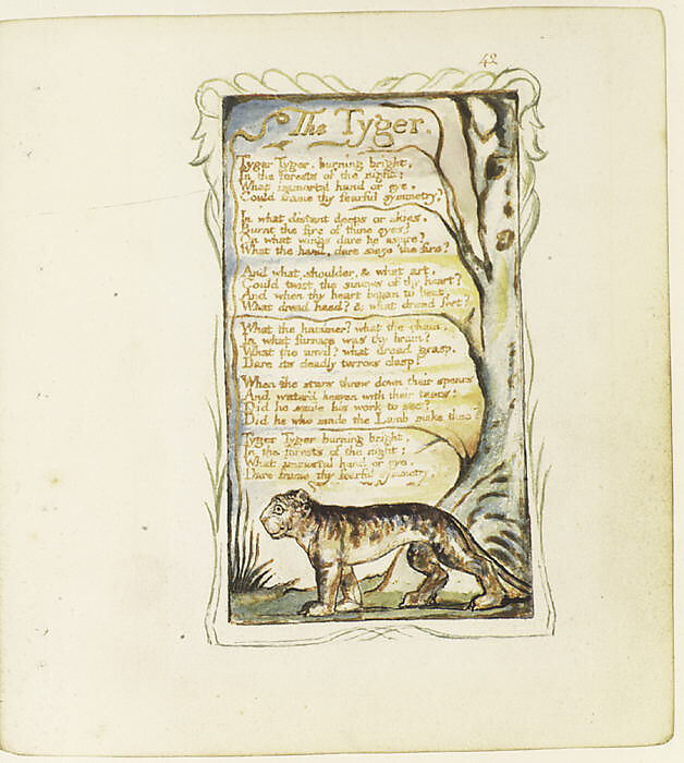 Songs of Experience: The Tyger, William Blake (British, London 1757–1827 London), Relief etching printed in orange-brown ink and hand-colored with watercolor and shell gold