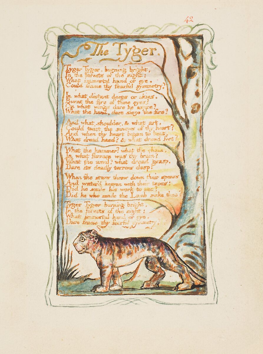 Songs of Experience: The Tyger, William Blake (British, London 1757–1827 London), Relief etching printed in orange-brown ink and hand-colored with watercolor and shell gold 