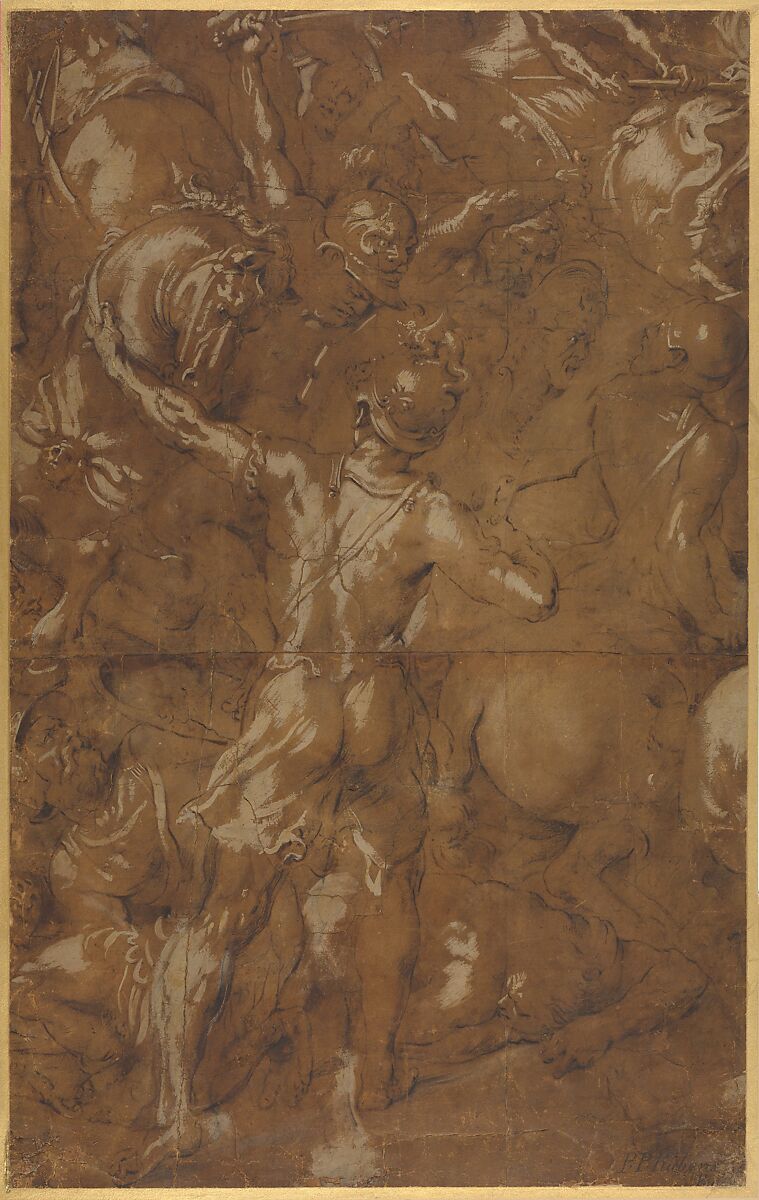 Battle Scene, Workshop of Peter Paul Rubens (Flemish, Siegen 1577–1640 Antwerp), Pen and brown ink, brush and brown wash, heightened with cream-coloured gouache, on brown paper 