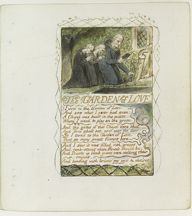 Songs of Experience: The Garden of Love, William Blake (British, London 1757–1827 London), Relief etching printed in orange-brown ink and hand-colored with watercolor and shell gold