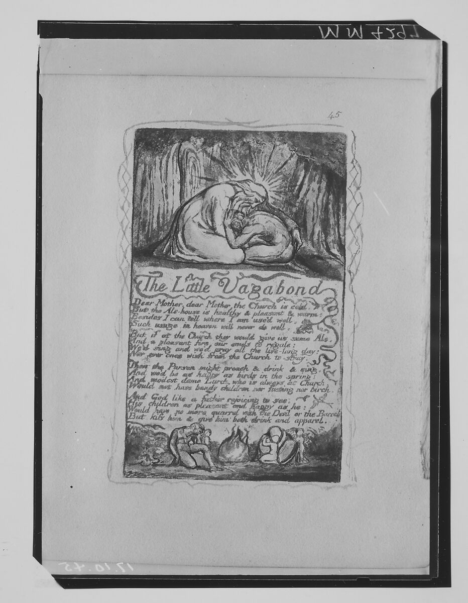 Songs of Experience: The Little Vagabond, William Blake (British, London 1757–1827 London), Relief etching printed in orange-brown ink and hand-colored with watercolor and shell gold