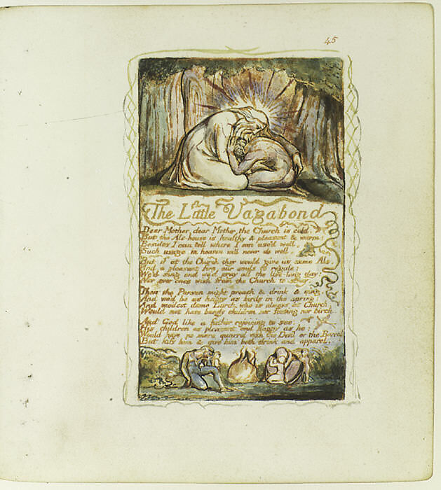 Songs of Experience: The Little Vagabond, William Blake (British, London 1757–1827 London), Relief etching printed in orange-brown ink and hand-colored with watercolor and shell gold