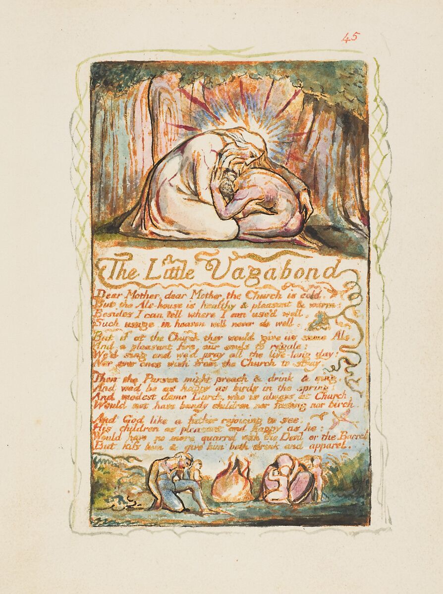 Songs of Experience: The Little Vagabond, William Blake (British, London 1757–1827 London), Relief etching printed in orange-brown ink and hand-colored with watercolor and shell gold 