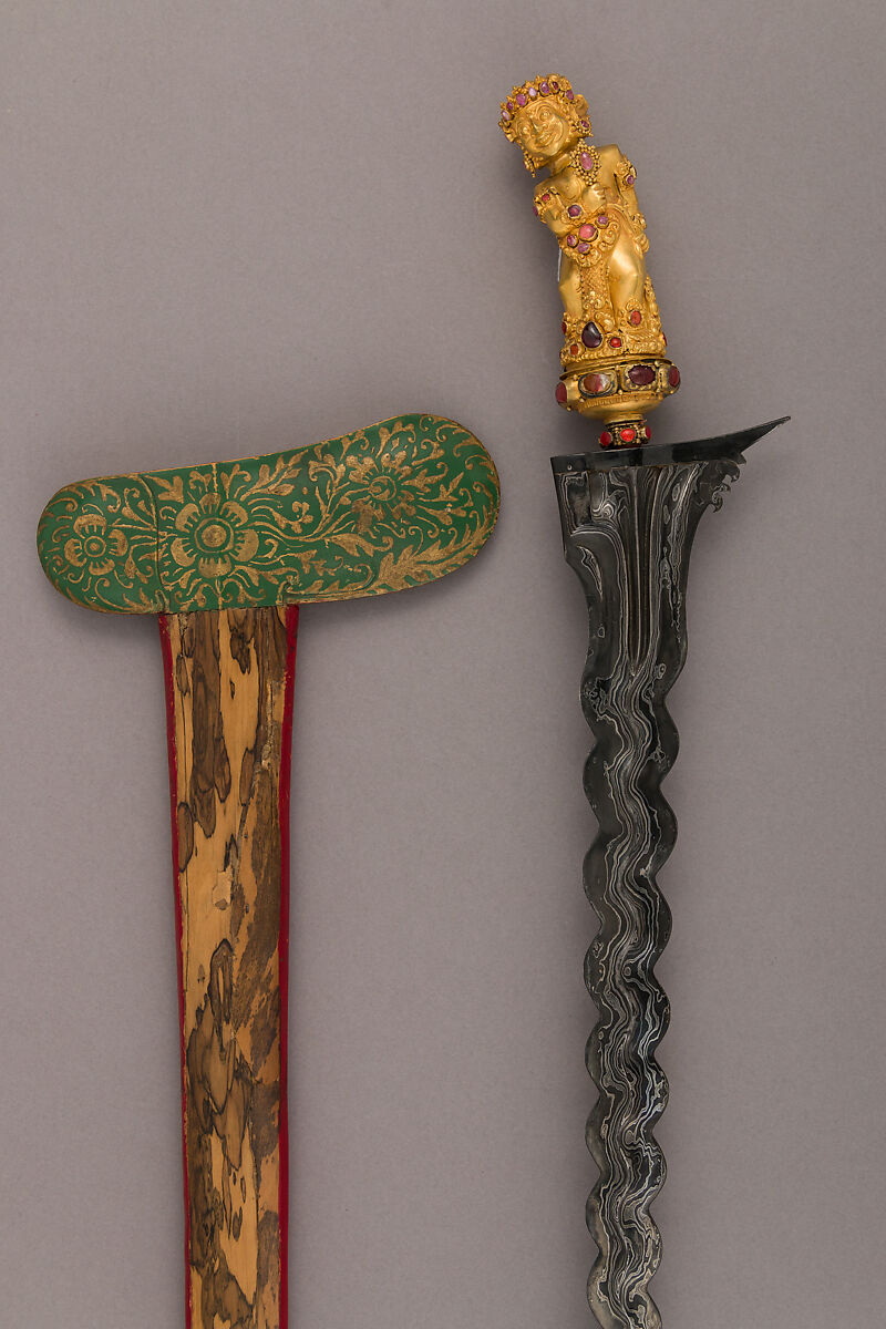 Kris with Sheath, Steel, wood, gold, semiprecious stones, Balinese 