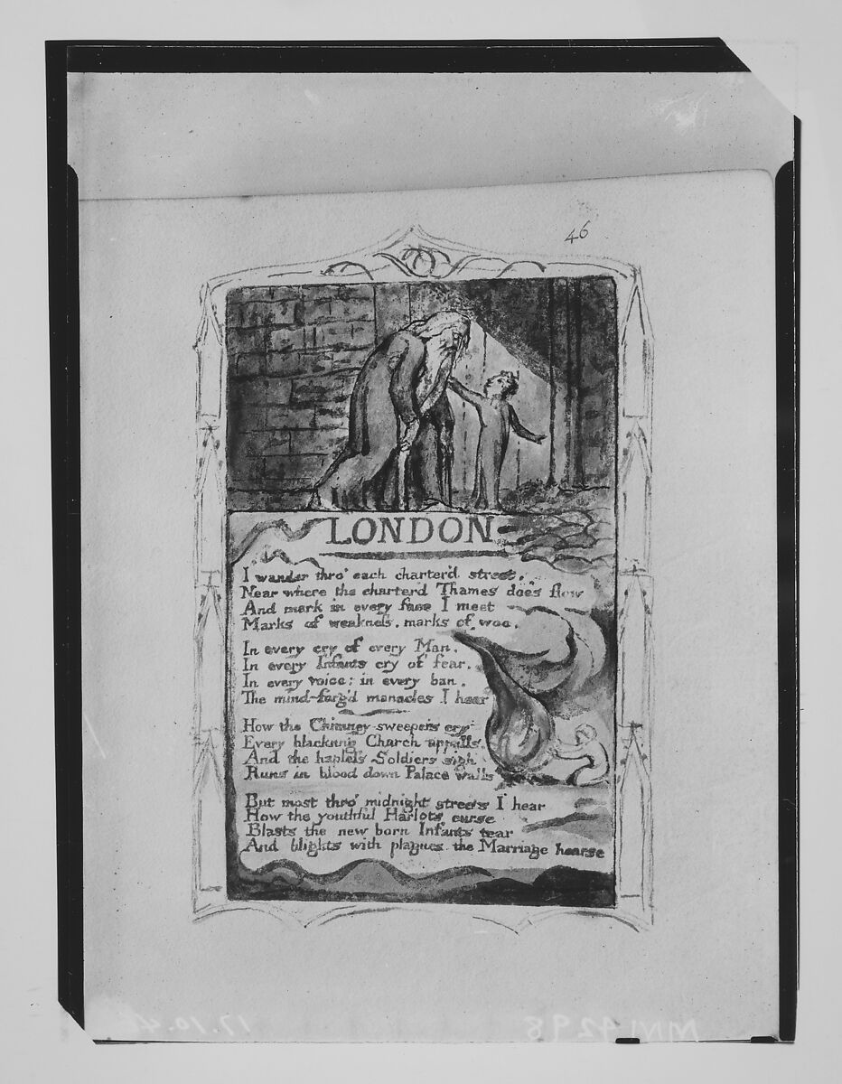 Songs of Experience: London, William Blake (British, London 1757–1827 London), Relief etching printed in orange-brown ink and hand-colored with watercolor and shell gold