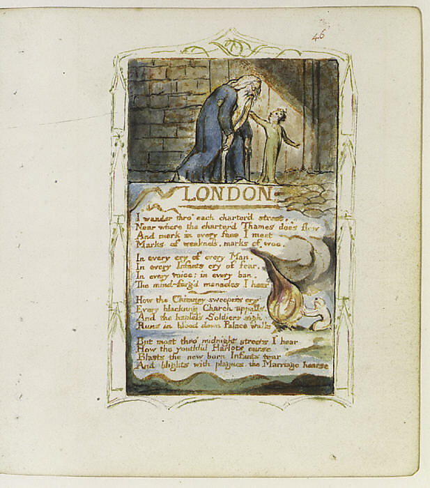 Songs of Experience: London, William Blake (British, London 1757–1827 London), Relief etching printed in orange-brown ink and hand-colored with watercolor and shell gold