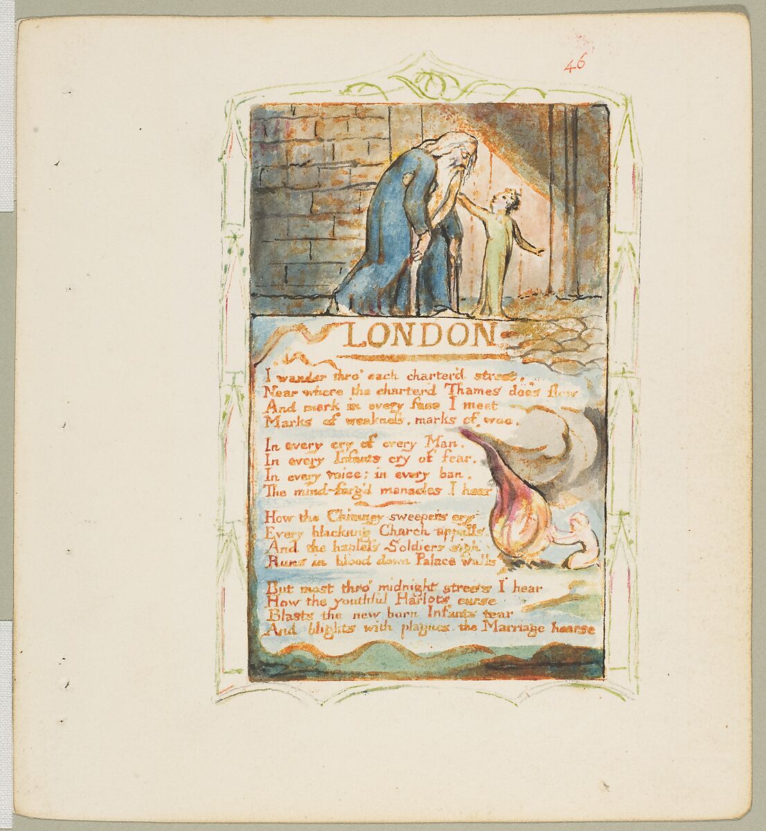 Songs of Experience: London, William Blake (British, London 1757–1827 London), Relief etching printed in orange-brown ink and hand-colored with watercolor and shell gold 