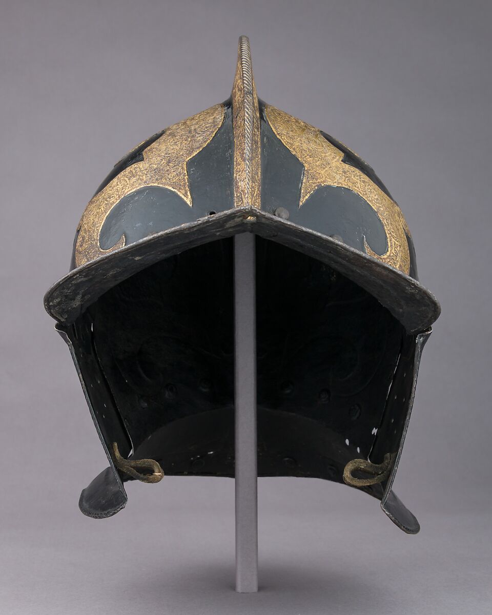 Burgonet, Steel, gold, pigment, leather, German, Saxon