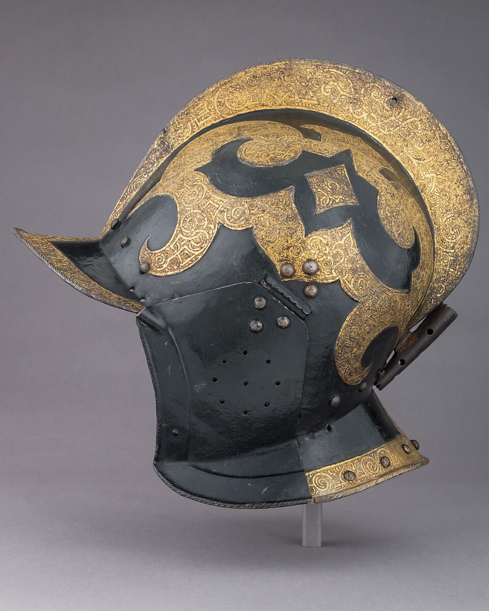 Burgonet, Steel, gold, pigment, leather, German, Saxon