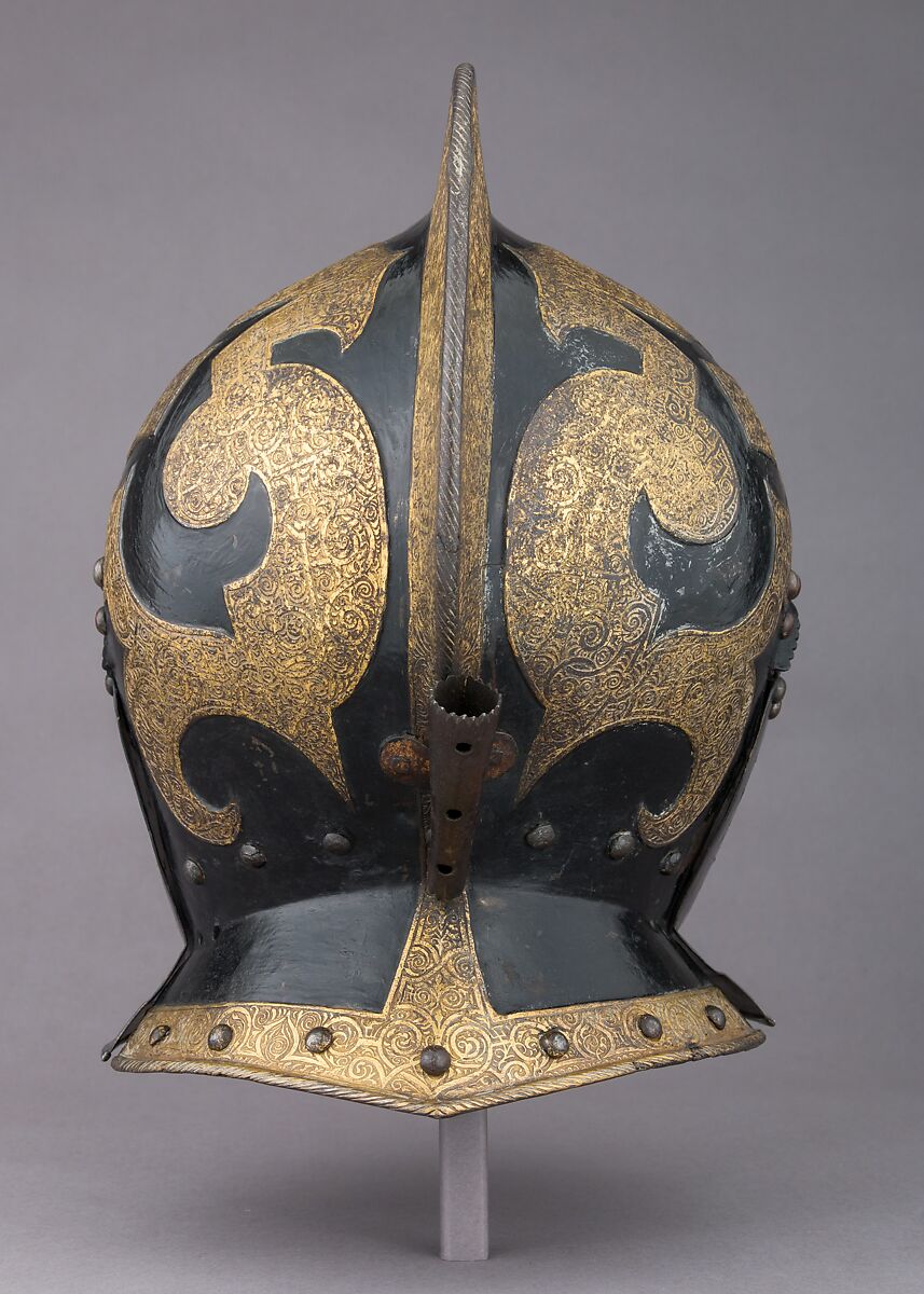 Burgonet, Steel, gold, pigment, leather, German, Saxon
